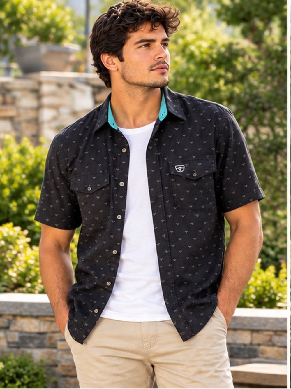 Men's Black Patterned Short Sleeve Shirt